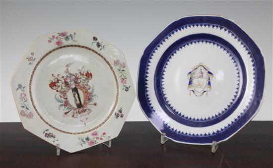 Two Chinese export armorial octagonal plates, 18th century, 23.5cm.